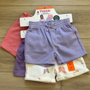 NWT Pekkle Kids' Easy Pull on 4-Piece Shorts Set - Purple, Pink, Cream Size 2T
